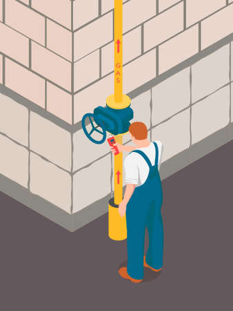 A man is checking gas pipeline. Redhead man is holding a gas analyzer and checking the valve for leaks.のイラスト素材