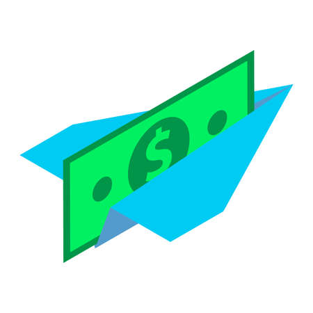 Isometric paper airplane with dollar. A paper airplane with a banknote is a symbol of electronic transactions.のイラスト素材