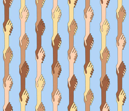 Seamless pattern of hands of people with different skin color. Hands of different races are holding...