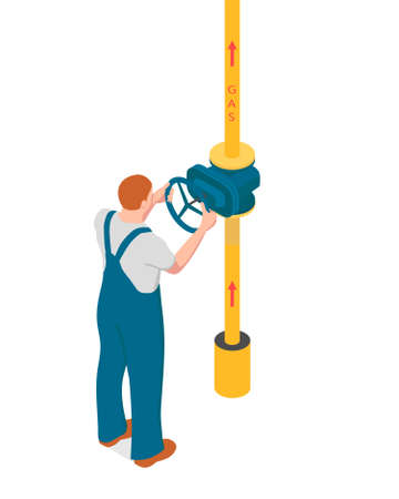 A man is turning the valve gas pipe. Redhead man is using a valve to open the gas supply.のイラスト素材