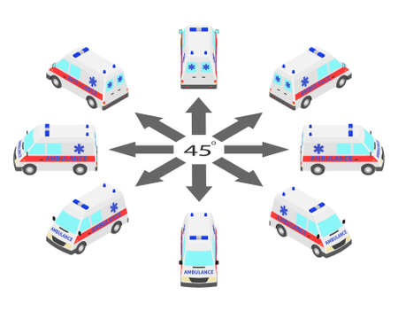 Rotation of the ambulance by 45 degrees. Ambulance in different angles in isometric.のイラスト素材