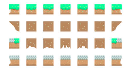 Square with a landscape for creating a video game. A set of create a platformer, consisting of ground, grass and paving stones.のイラスト素材