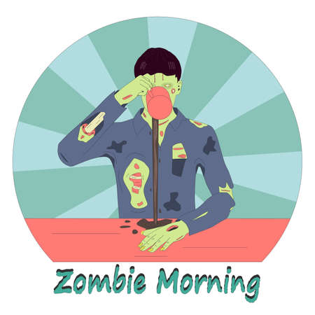 Coffee drinker zombie sticker. The zombie is trying to drink coffee is a symbol of sleepy people in the morning.のイラスト素材