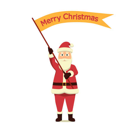 Santa is waving a flag for Christmas. Santa Claus is holding a flag that says Merry Christmas.のイラスト素材