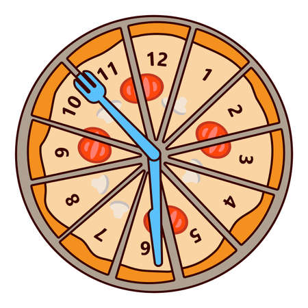 A clock in the form of a pizza. The pizza is divided into 12 parts, it symbolizes delivery time and working time.のイラスト素材
