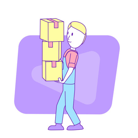 A cartoon handyman is carrying cardboard boxes. The man walking in a work uniform with three cardboard boxes.のイラスト素材