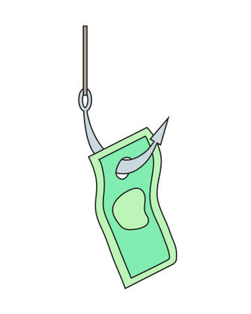 Banknote on the fishing hook. The dollar is hanging on a fishing hook on a white background.のイラスト素材