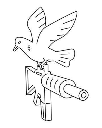 An armed dove in flight. Pigeon sticker in outline. The scarred bird is holding a rifle in its paws and is flying.のイラスト素材