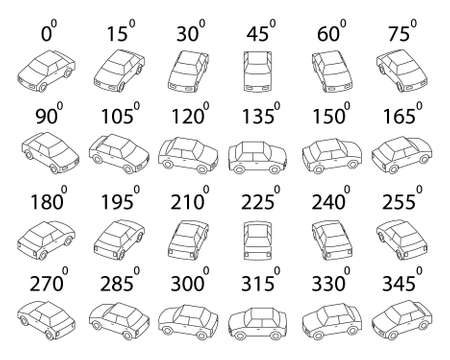 A set of 24 cars from different angles. Rotation of the car in outline by 15 degrees for animation.のイラスト素材