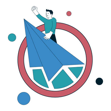 A man is flying up on a paper plane. The pilot of the paper plane has raised his fist up and is flying through the red circle.のイラスト素材