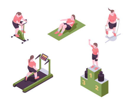 Set of exercises for weight loss. Overweight woman trying to lose weight in isometric view.のイラスト素材