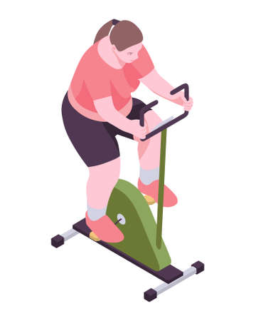 Woman with stationary bicycle in isometric view. A fat woman exercising on an exercise bike to lose weight.のイラスト素材