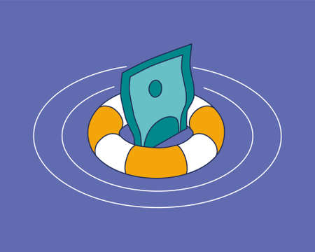 Banknote in a lifebuoy in isometric view. The dollar in the lifebuoy is a symbol of saving the...