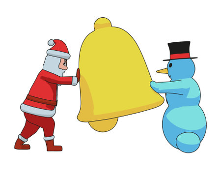 Cartoon Santa Claus and snowman are using big bell. Christmas characters are swinging a giant bell.のイラスト素材