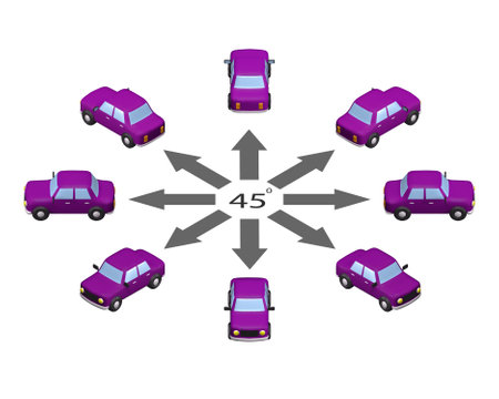 Rotation 3d car by 45 degrees. Mesh car in different angles in isometric view.のイラスト素材