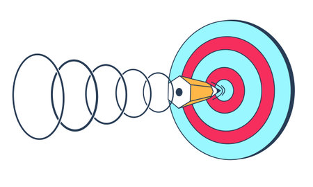 Pencil like a dart is flying at the target. Cartoon pencil in outline is flying into a round target.のイラスト素材