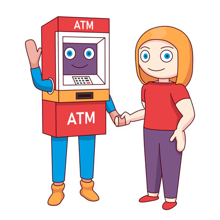 ATM character and girl are holding handles. Cartoon girl in a good business relationship with the rich man.のイラスト素材