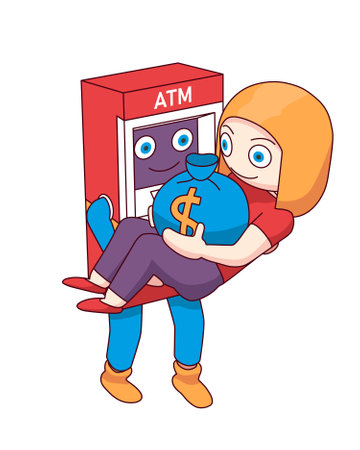 ATM character carries a girl in her arms. Cartoon girl rejoices at the bag of money she received from the ATM.のイラスト素材