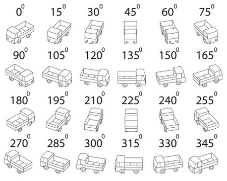 A set of 24 dump trucks from different angles. Rotation of the empty truck in outline by 15 degrees for animation.のイラスト素材