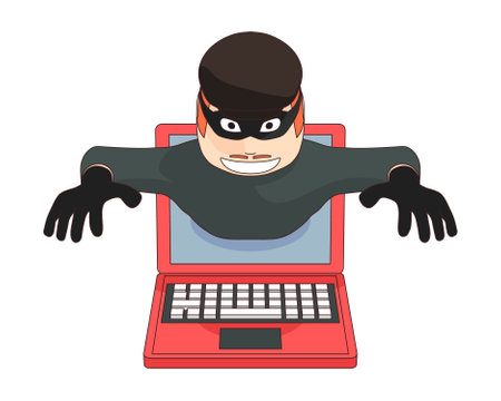 A thief comes out of a laptop screen. A hacker hacked into a computer and reaches for the money.のイラスト素材