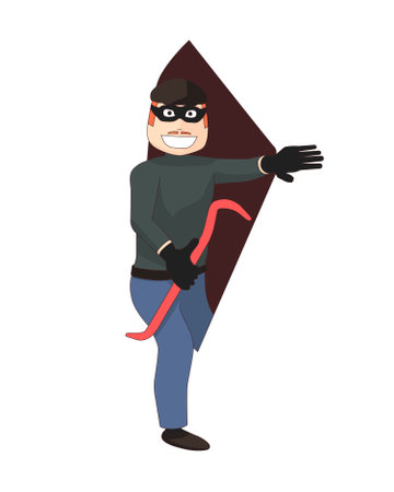 Thief comes out of the white background. A masked burglar holds a crowbar in his hand and comes out of nowhere.のイラスト素材