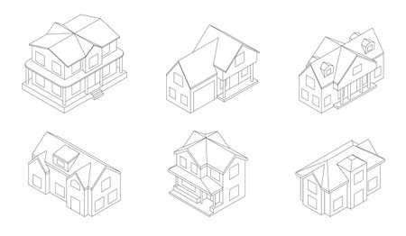 Isometric set of mansions in outline. Two storey houses with different roofs in isometric view.のイラスト素材