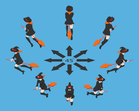 Rotation of witch on a broomstick by 45 degrees. Woman with a broom in different angles in isometric view.のイラスト素材