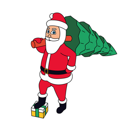 Santa Claus is holding a Christmas tree in his hand. Cartoon Santa in outline carries a Christmas tree to decorate it.のイラスト素材