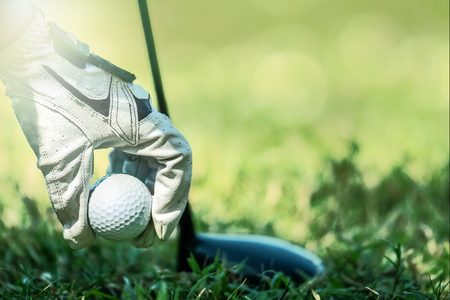 golfer hand with glove picking up golf ball from roughの写真素材