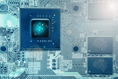 Abstract background of CPU chipset with artificial intelligent capability on computer boardの写真素材