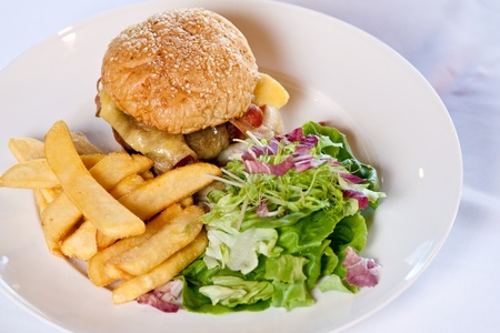 Hamburger with french fries and saladの写真素材