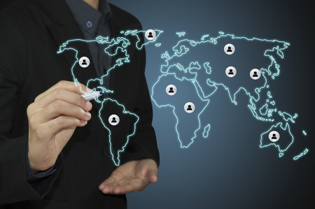 Business writing social media on blue background with world map.