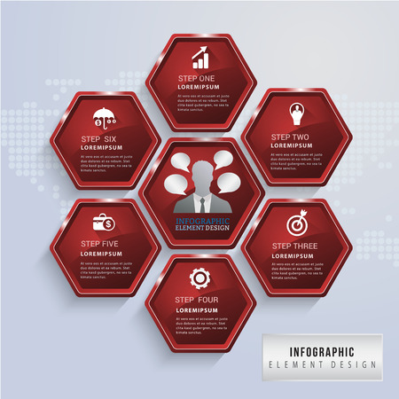 Red colour modern 3d hexagon infographic. Can uesd for presentation, data diagram and infographic businessのイラスト素材