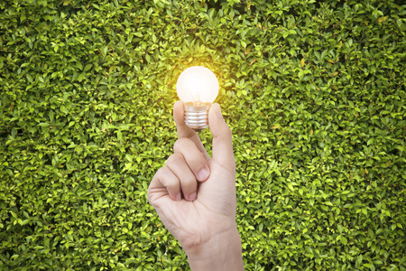 hand holding light bulb on green nature background. Ecological and energy conceptの写真素材