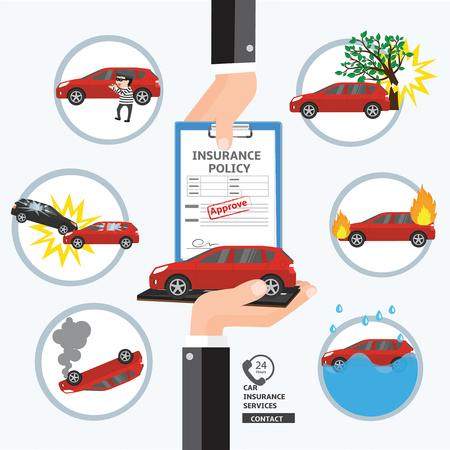 Car insurance service. Safety and protect your life .Hand business agent put document paper approve for customer to confirm the benefits for automobile.のイラスト素材
