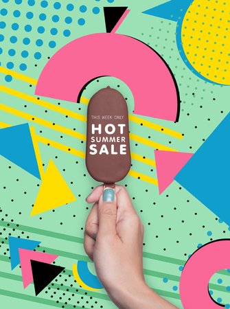 women hand holding icecream chocolate on colorful background. concept hot colour summer sale.Graphic geometric style and cool.の写真素材