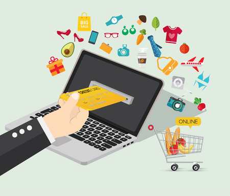 Online shopping e-commerce concept. Business order item store online on smartphone, tablet and Pay by credit card quick and easy. Can used for infographic, web advertising. Market vector illustrationのイラスト素材