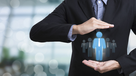 Business hand with icon people on networking system. concept employment,recruitment, hiring, human resources, hr management.の写真素材