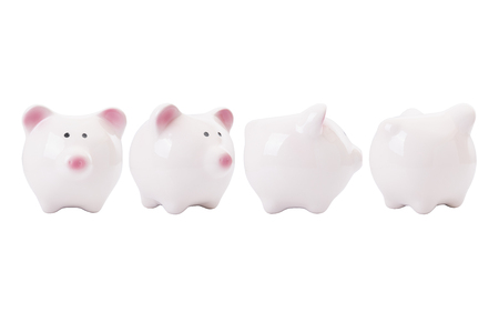pink piggy bank isolated on white background. front, back, side view.の写真素材