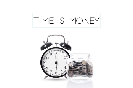 time is money. alarm clock and piggy bank on white background. concept business save finance.