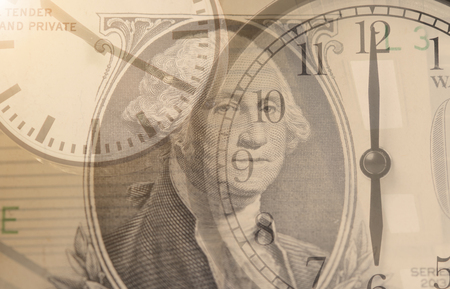 time is money. Double exposure alarm clock and dollar money. concept business save finance. 