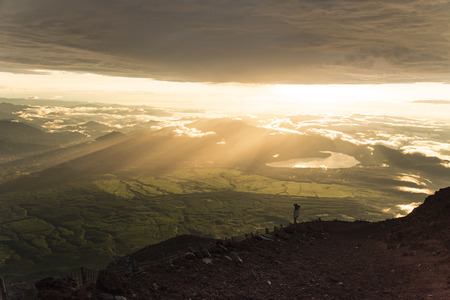 Beautiful sunrise on top of the Mount Fuji, Japan and lake yamanakako view.の写真素材