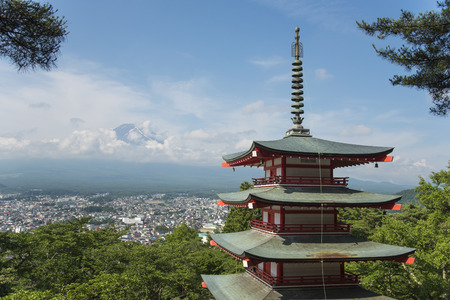 Mt. Fuji with red pagoda in summer time, Fujiyoshida, Japanのeditorial素材