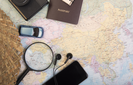 planning vacation and accessories on table. concept travel background.のeditorial素材