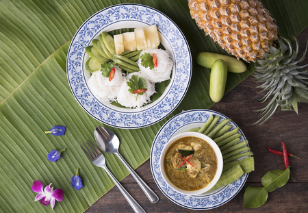 rice noodle with crab curry and . phuket style. Treditional Southern Thailand food spicy.の写真素材