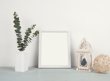 Blank Photo Frame Decoration on Wooden for Design Mockup Template.