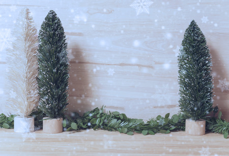 Christmas tree decoration on wood table background. copy space.