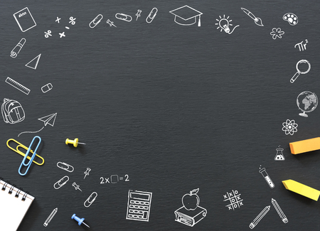 education and supplies for banner background on blackboard top view with copy space. Back to school concept.の写真素材