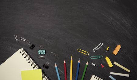 Back to school education and supplies for banner background on blackboard top view with copy space.の写真素材