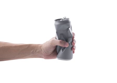Hand holding aluminium can. recycle concept isolated on white background.